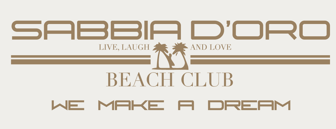 Existing Sabbia d’Oro logo: geometric name, two slogans, palm trees, horizontal rules and Beach Club descriptor